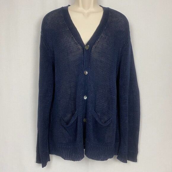 Polo Ralph Lauren Linen Cardigan Sweater Mens Large Blue Elbow Patches Academia - Picture 2 of 13